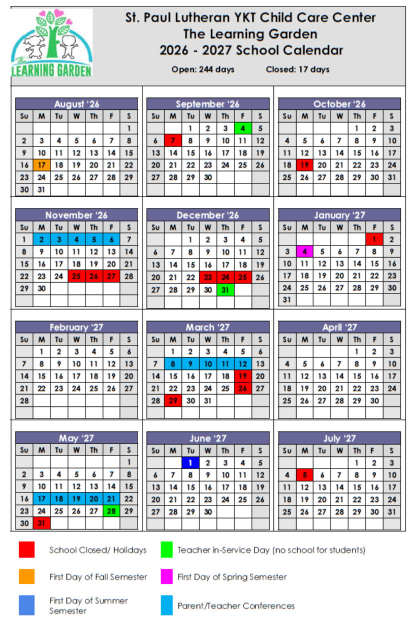 The Learning Garden 2026-2027 school calendar in Yorktown, Texas